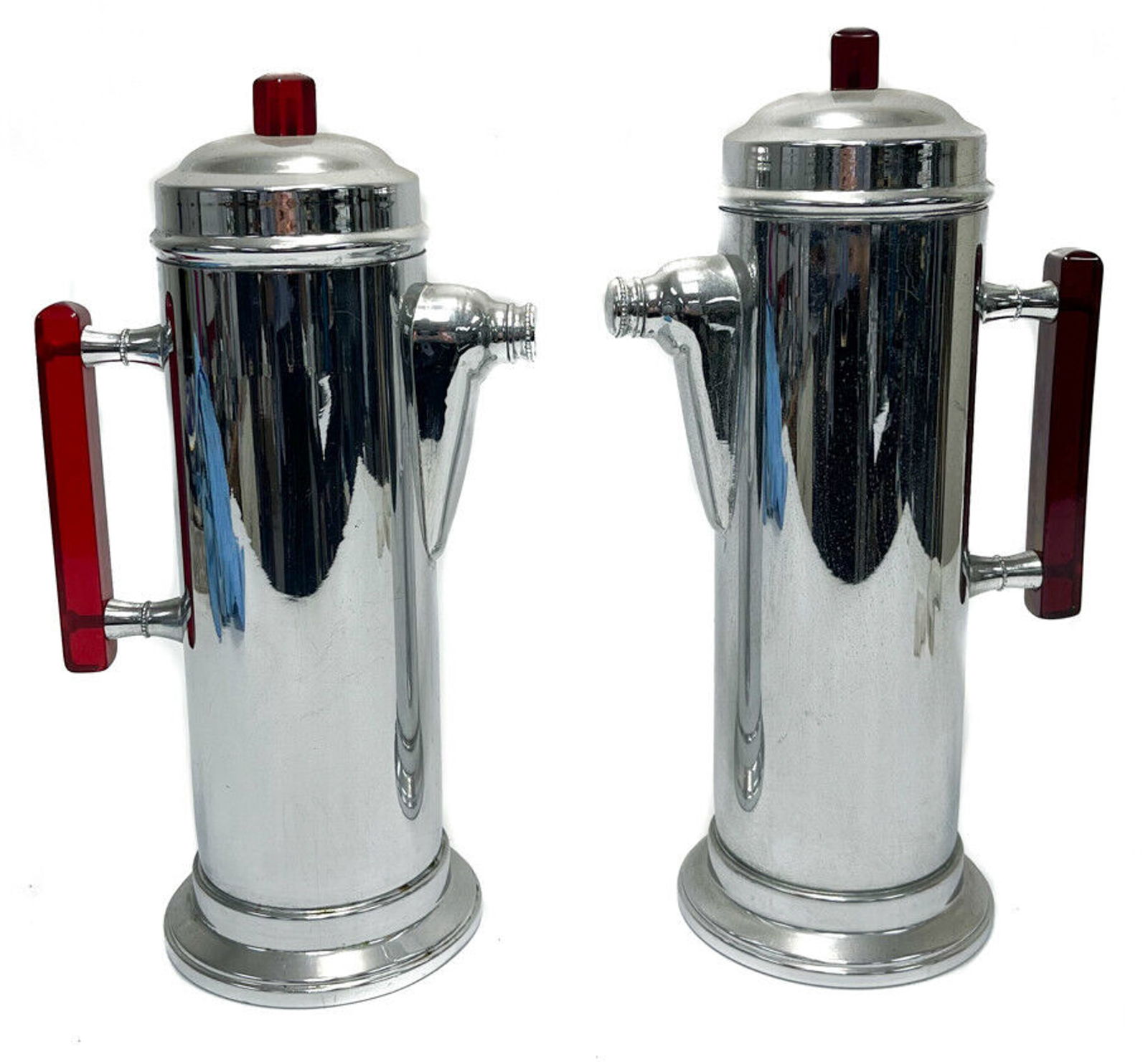 Pair Industrialist Chrome Bakelite Liquid Pitchers, c1940 (1 of 7)