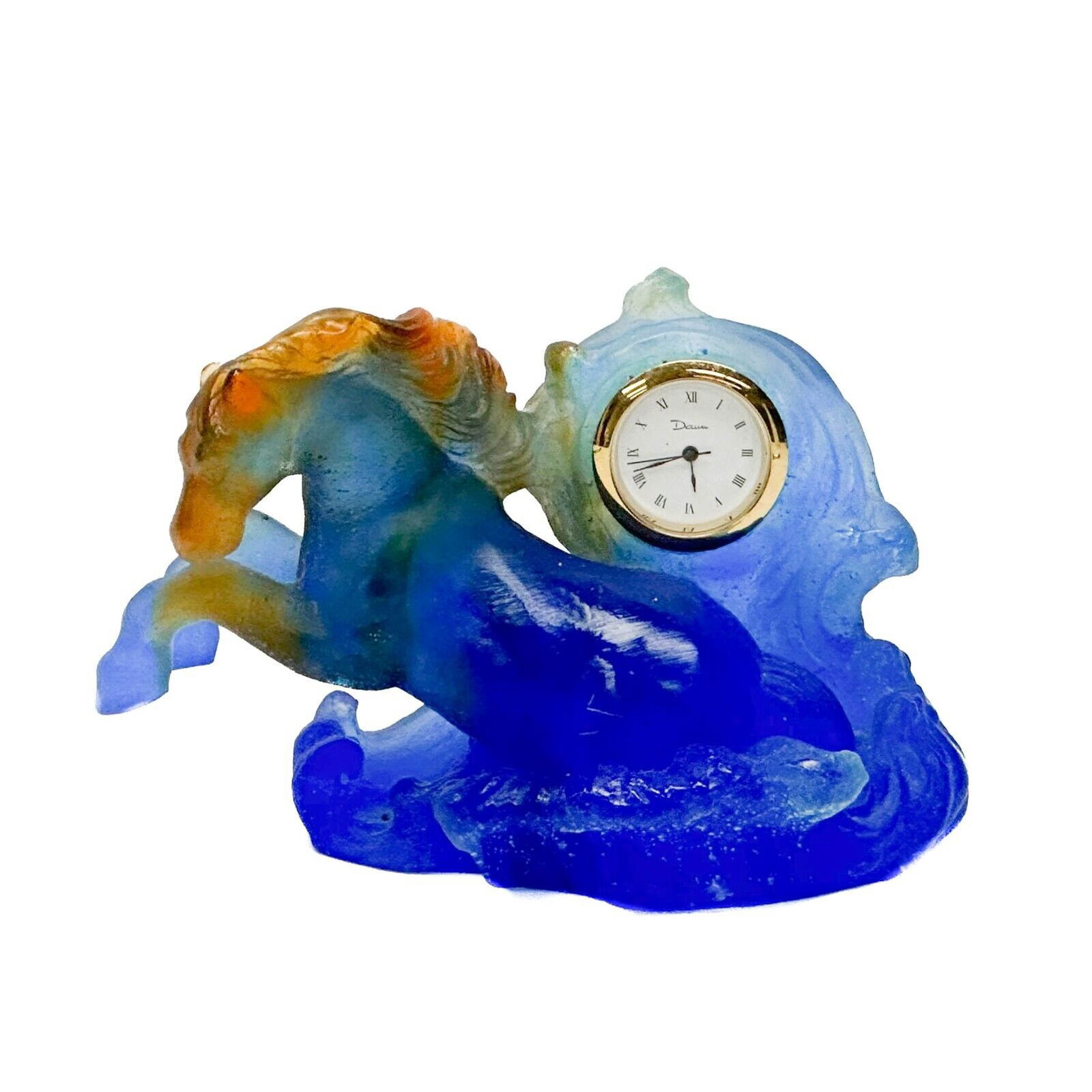 Daum France Pate de Verre Art Glass Blue & Orange Figural Horse Clock (1 of 7)