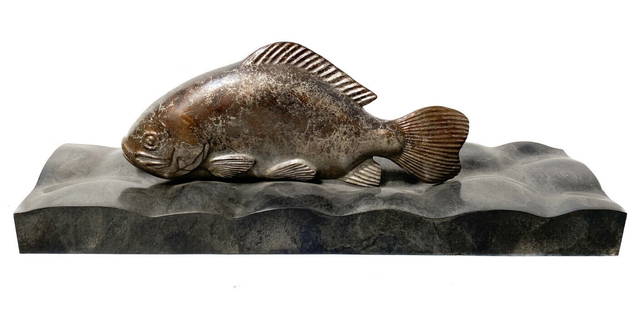 Steve Kestrel (American 20th C) Patinated Bronze Waverly Koi Fish Sculpture: Steve Kestrel (American 20th C) patinated bronze Waverly Koi Fish sculpture. The sculpture depicts a hand carved fish swimming through the waves. Artist signed "S. Kestrel" towards the base and limite