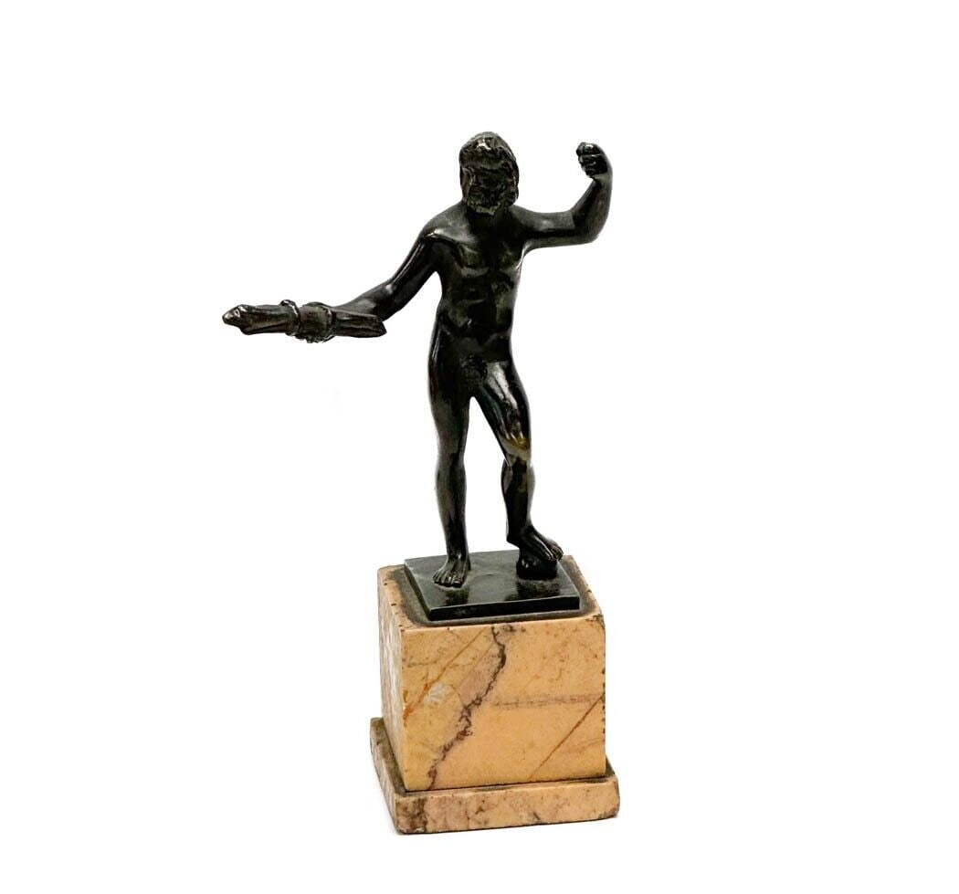 Grand Tour Italian Patinated Bronze Classical Miniature Sculpture Man Figurine: Grand Tour Italian Bronze Patinated Bronze Classical Miniature Sculpture Figurine, 19th cen or earlier. Figure depicts the nude figure of a man with one arm outstretched, holding a scroll. Mounted on 
