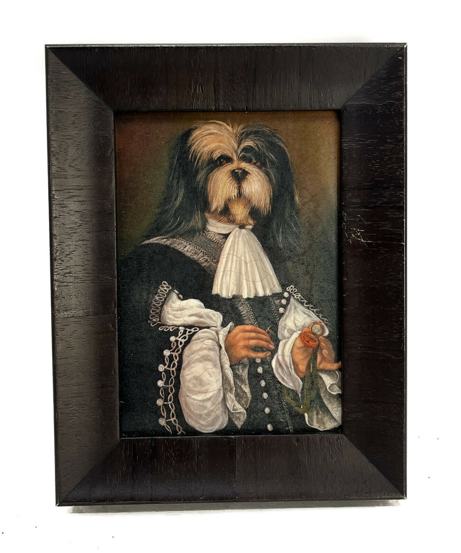 Oil on Canvas Painting Amphormorphic Shih Tzu Dog Figure, Style of Poncelet: Oil on Canvas painting- Amphormorphic Shih Tzu dog figure in period era black and white garbs, 20th Century. In the style of Belgian artist Theirry Poncelet. Black wooden frame. Measures Approx., pain