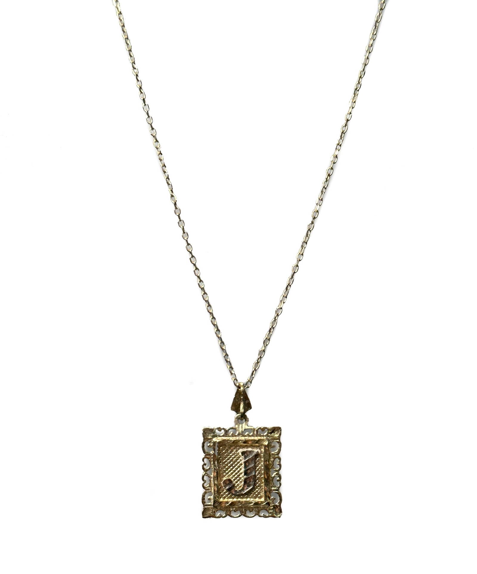 14k Yellow Gold And Silver "j" Pendant Necklace. Auction