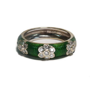 Hidalgo 18k Yellow Gold Green Enamel Diamond Band Ring, Size 6.5: Hidalgo 18k Yellow Gold Green Enamel Diamond Band Ring, Size 6.5. Green enamel band with 3 diamond encrusted flowers weighing approx 0.3 carats. Marked Hidalgo 18k to the inner band. Weight Appro., 5.