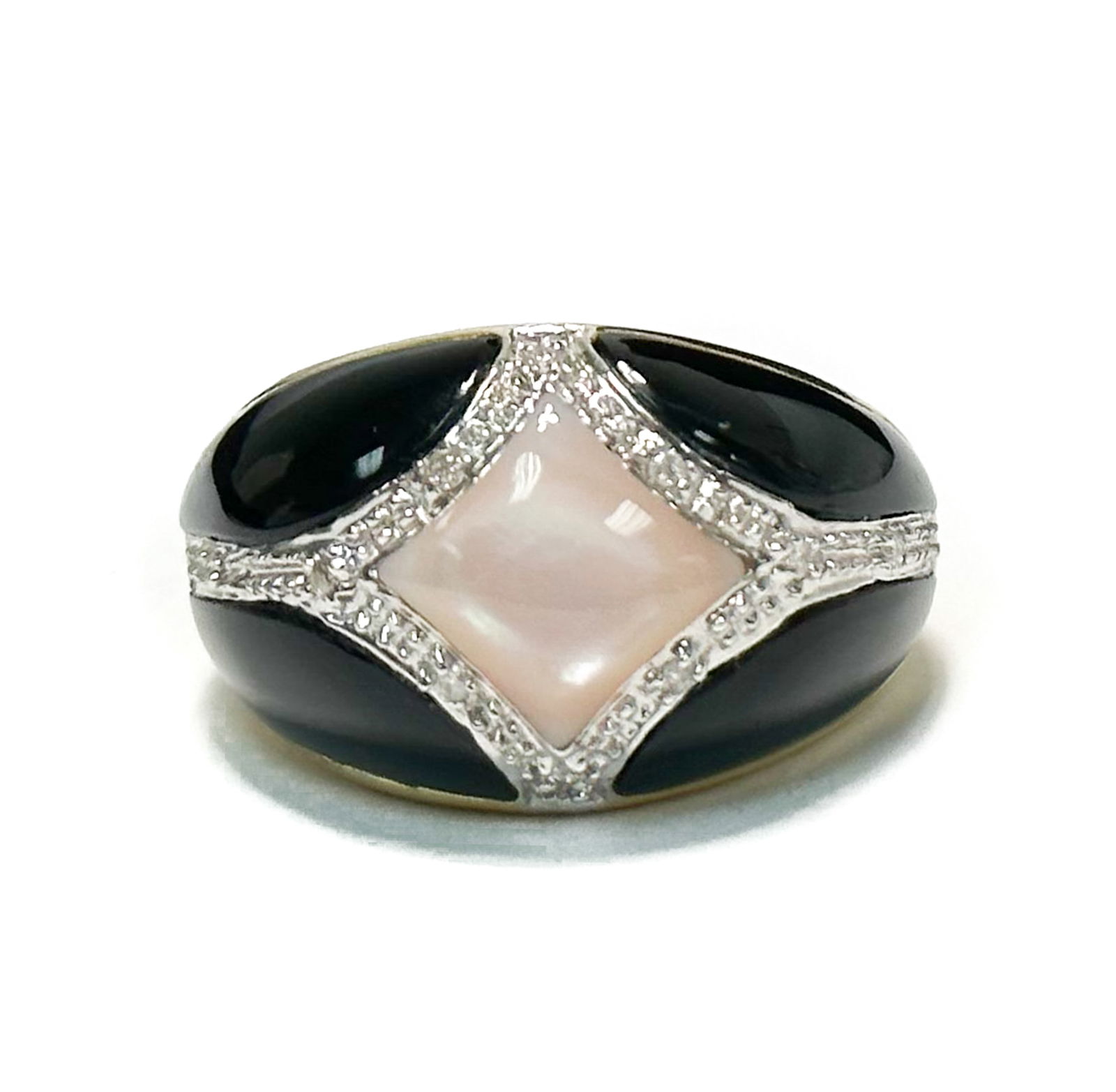 14k Yellow Gold Black Onyx Blush Moonstone and Diamond Ring, Size 7 (1 of 9)