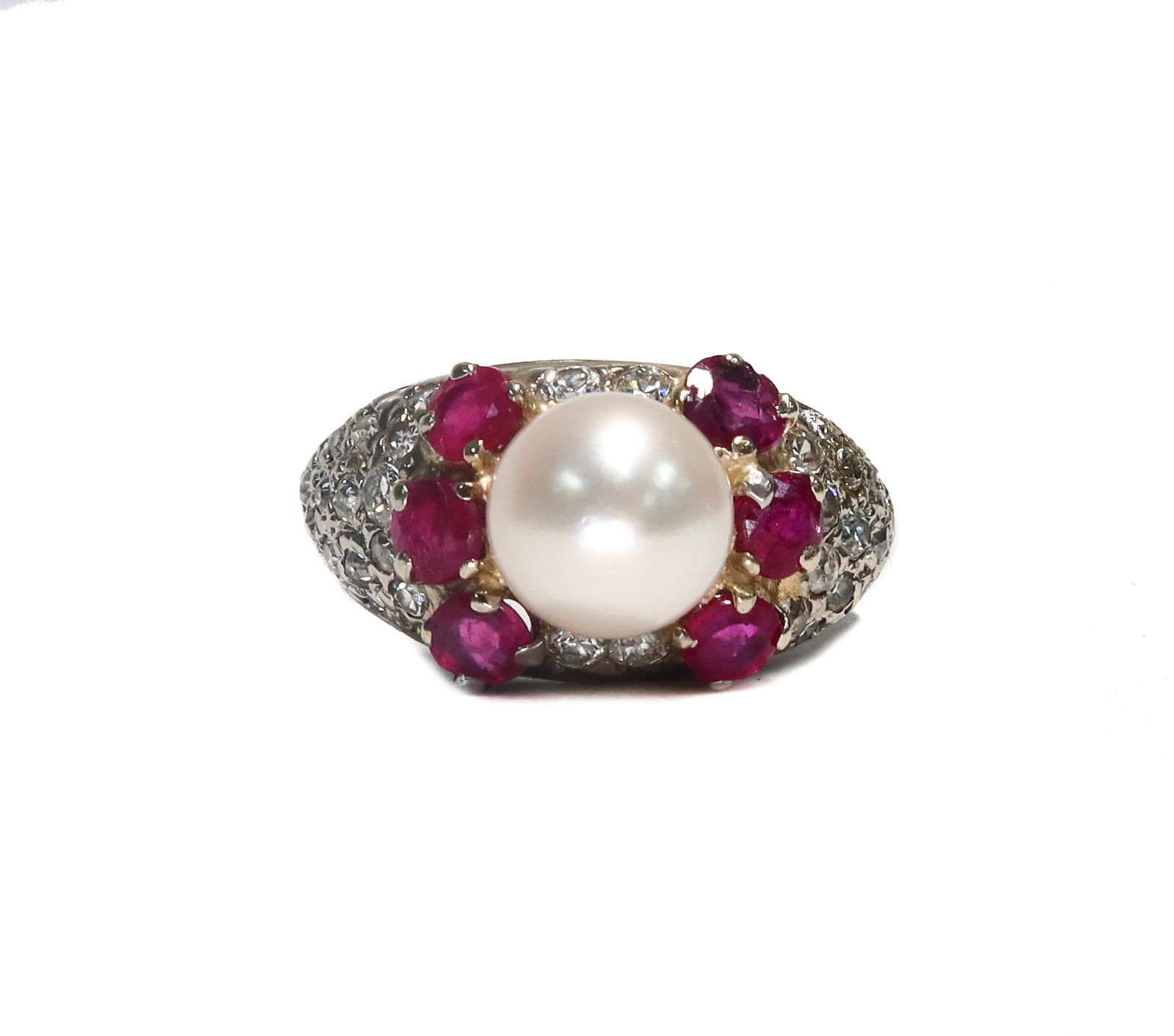 14k White Gold Cultured Pearl, Pink Topaz, and Diamond Ring, Size 5 (1 of 4)