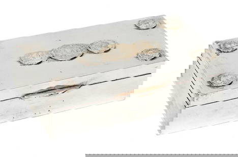 Christian Dior Silver Plate Faux Roman Coin Mounted Cigarette or Cigar Box Cedar: Christian Dior silver plate Roman coin mounted cigarette or cigar box. Lid with 7 mounted faux roman coins, interior with cedar wood lining. Underside marked Christian Dior and with silver plate marks