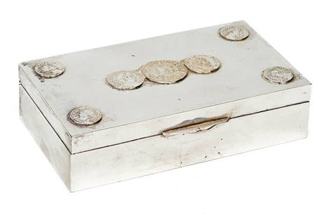 Christian Dior Silver Plate Faux Roman Coin Mounted Cigarette or Cigar Box Cedar: Christian Dior silver plate Roman coin mounted cigarette or cigar box. Lid with 7 mounted faux roman coins, interior with cedar wood lining. Underside marked Christian Dior and with silver plate