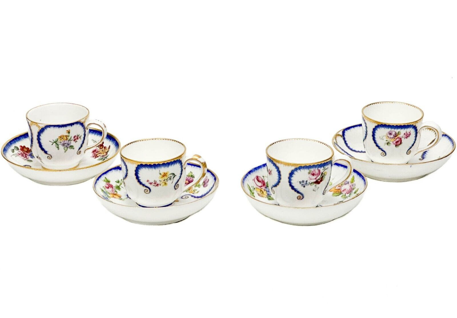 4 Sevres Gobelet Bouillard et Soucoupe Porcelain Cup & Saucers Florals 1770-1789 (1 of 3)