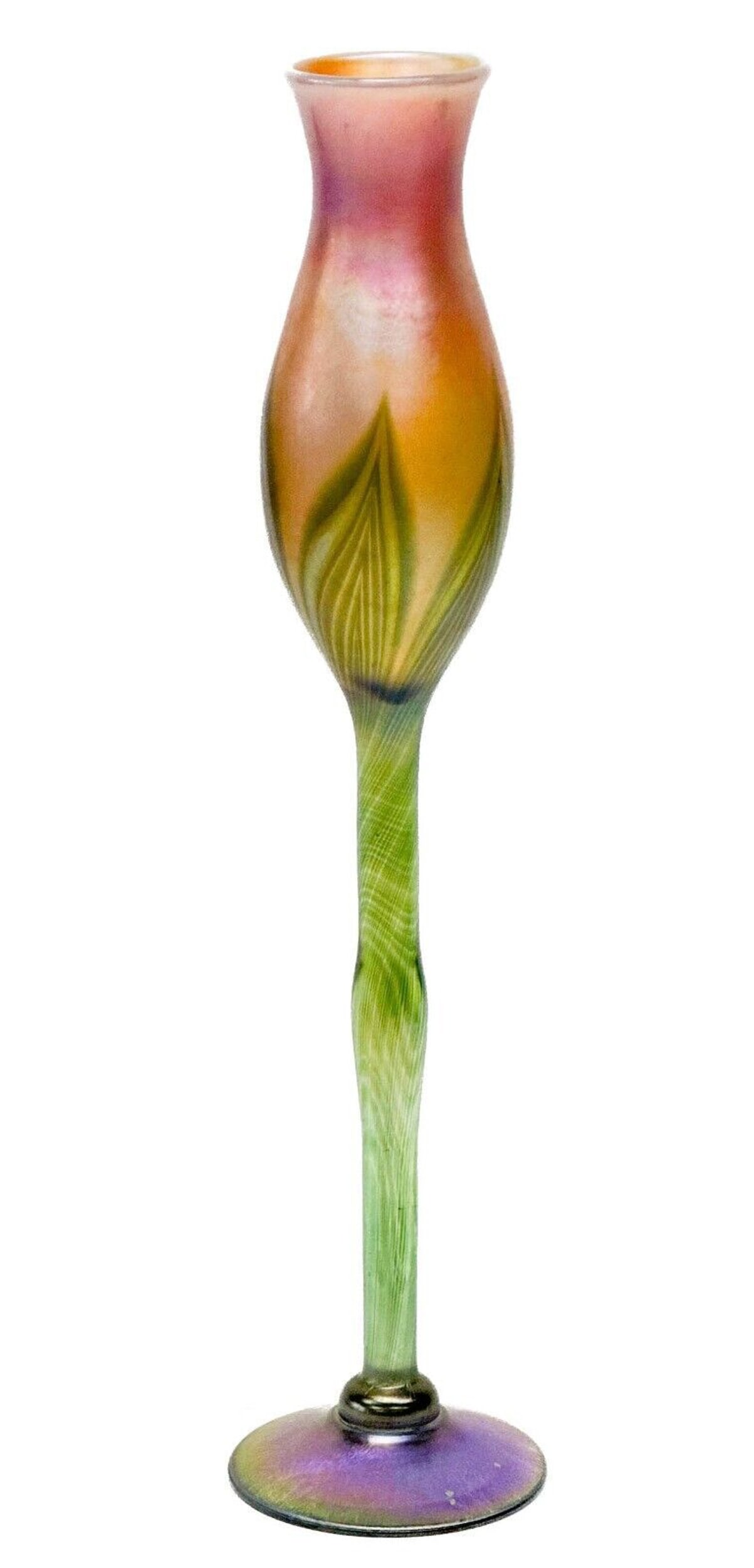 Lundberg Studios Iridescent Art Glass Feather Peach Blossom Stemmed Tulip Vase (1 of 7)