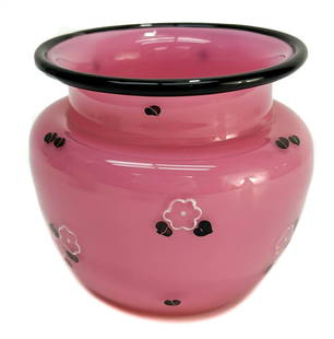 Loetz Austria Pink Art Glass Vase by Michael Powolny, Enamel Florals: Loetz Austria pink art glass vase by Michael Powolny. Enamel florals to exterior. Acid etched Czechoslovakia to underside Weight Approx., 0.5 lbs Measures Approx., 4.25 inches diameter x 3.75 inches t