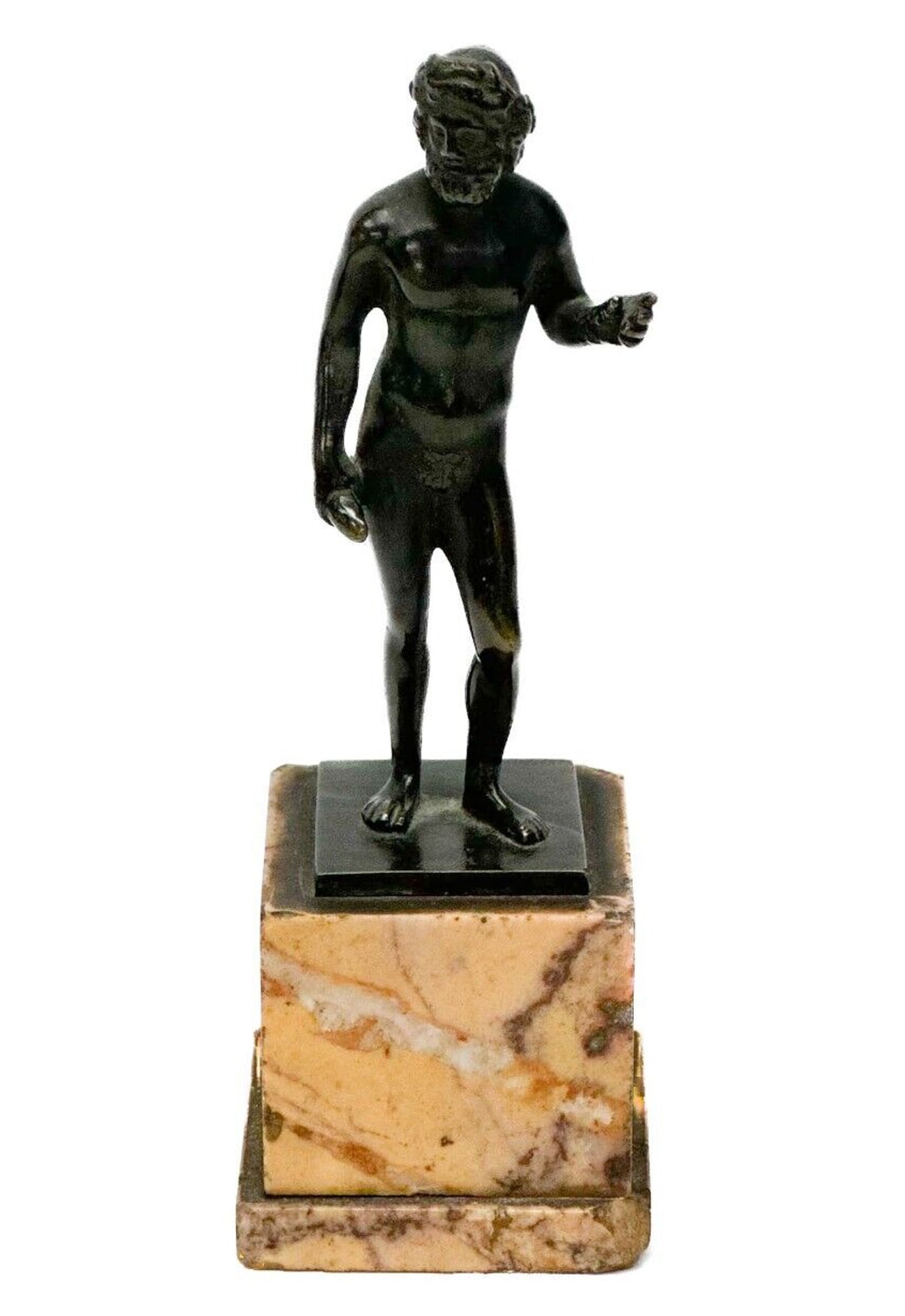 Grand Tour Italian Patinated Bronze Classical Miniature Sculpture Man Figurine: Grand Tour Italian Bronze Patinated Bronze Classical Miniature Sculpture Figurine, 19th cen or earlier. Figure depicts the nude figure of a man. Mounted on an orange marble base. Weight Approx., 1 lb 