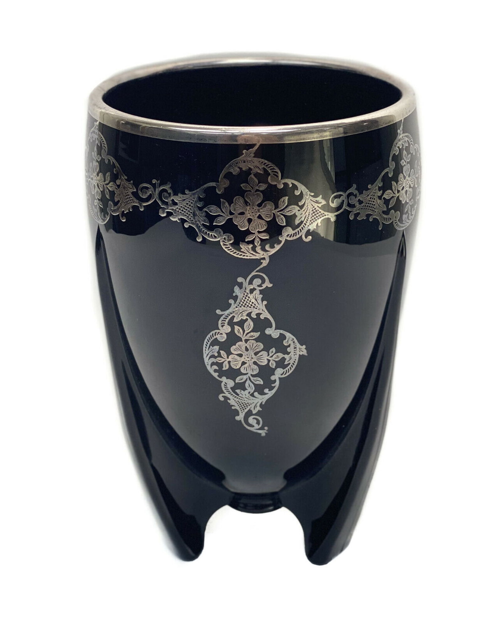 American Sterling Silver Overlay Black Amethyst 3 Footed Bowl, Mid Century (1 of 5)