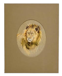 Marguerite Kirmse (American 1885-1954) Pastel Drawing of a Lion Matted: Marguerite Kirmse (American 1885-1954) pastel drawing of a lion. Mounted in a forest green mat with an oval-shaped window. Apparently unsigned. Marguerite Louisa Kirmse (14 December 1885 - 1954) was a