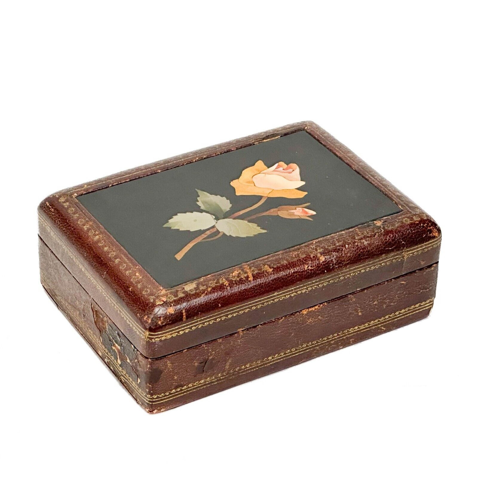 Italian Pietra Dura Floral Stone Mounted Tooled & Gilt Leather Box c. 1960 (1 of 7)