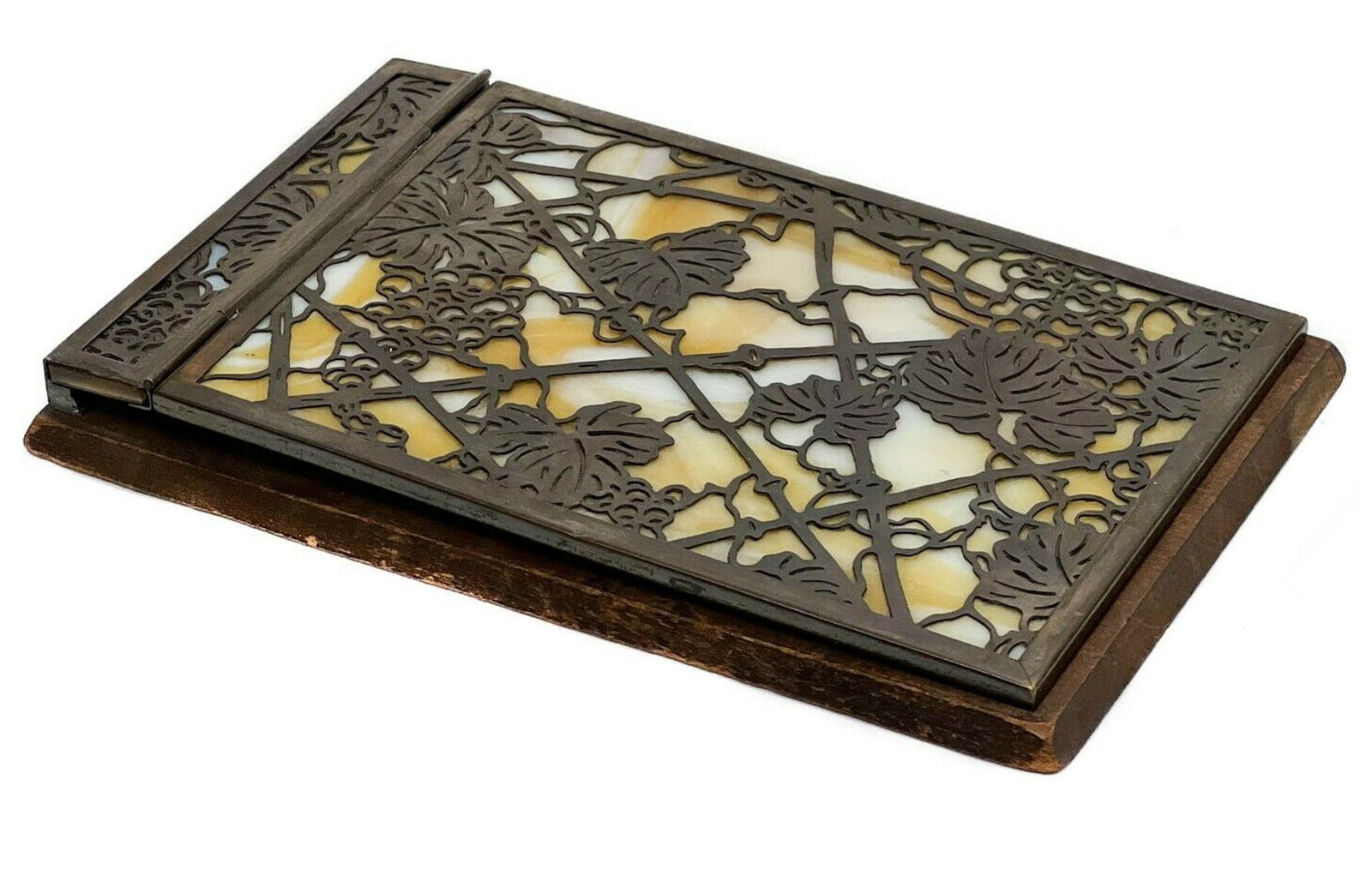 Tiffany Studios Grapevine Glass, Patinated Bronze Wood Back Notepad Holder #1022 (1 of 5)
