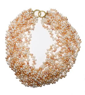 Tiffany & Co Paloma Picasso 18k Yellow Gold Blush Pink Pearl 10 Strand Necklace: Tiffany & Co Paloma Picasso 18k Yellow Gold Blush Pink Pearl 10 Strand Necklace. 10 strands with multi colored blush pearls. Marked "Tiffany & Co. 750 Paloma Picasso to clasp. Weight Approx., 275 gram