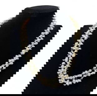 Natural Pearl Double Strand Necklace: Natural Pearl and Gold Bead Double Strand Necklace. Gilt metal clasp, beads test for 14k gold. Measures Approx., 18 inches length, Pearl: 7.4mm x 6mm Weight Approx., 60.8 grams Domestic Shipping: $20