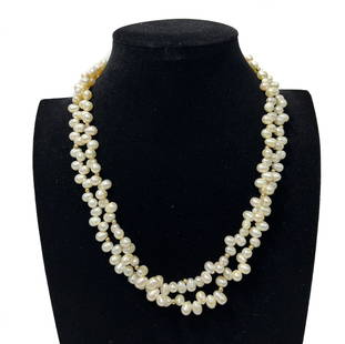 Natural Pearl Double Strand Necklace: Natural Pearl and Gold Bead Double Strand Necklace. Gilt metal clasp, beads test for 14k gold. Measures Approx., 18 inches length, Pearl: 7.4mm x 6mm Weight Approx., 60.8 grams Domestic Shipping: