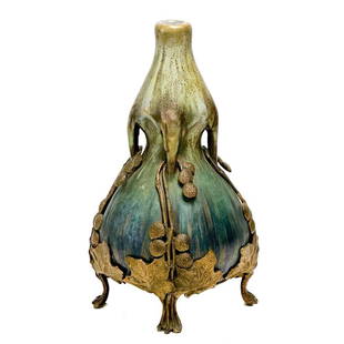 Amphora Austria Edda Pottery Art Nouveau Gilt Metal Mounted Vase c. 1910: Description: Amphora Austria Edda Pottery Art Nouveau Gilt Metal Mounted Vase, circa 1910. Green and blue vase with 4 handles to the sides. Gilt metal leaf and branch form mounts to the base. Undersid