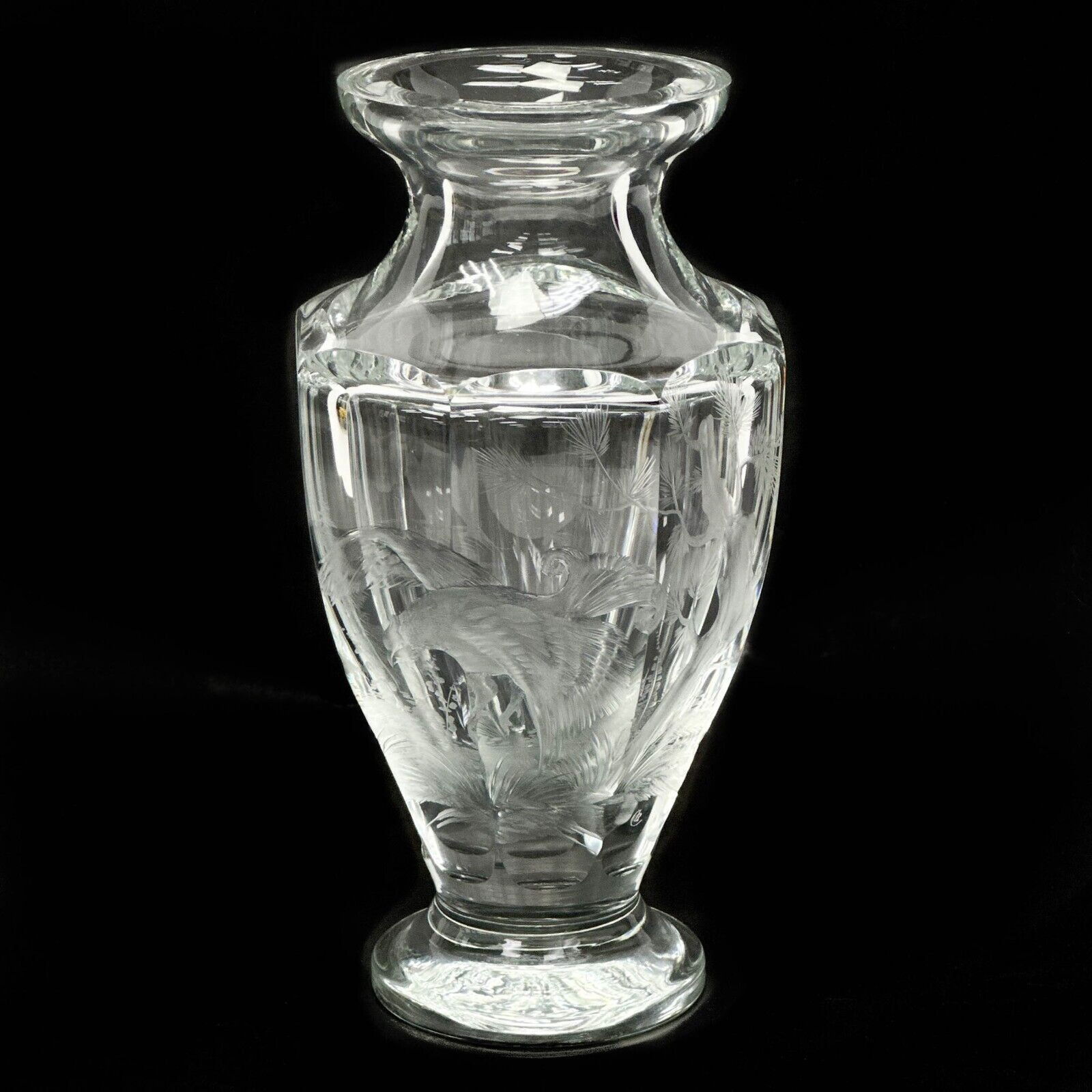 Moser Clear Cut Glass Engraved Bird Scene Vase circa 1950 (1 of 7)