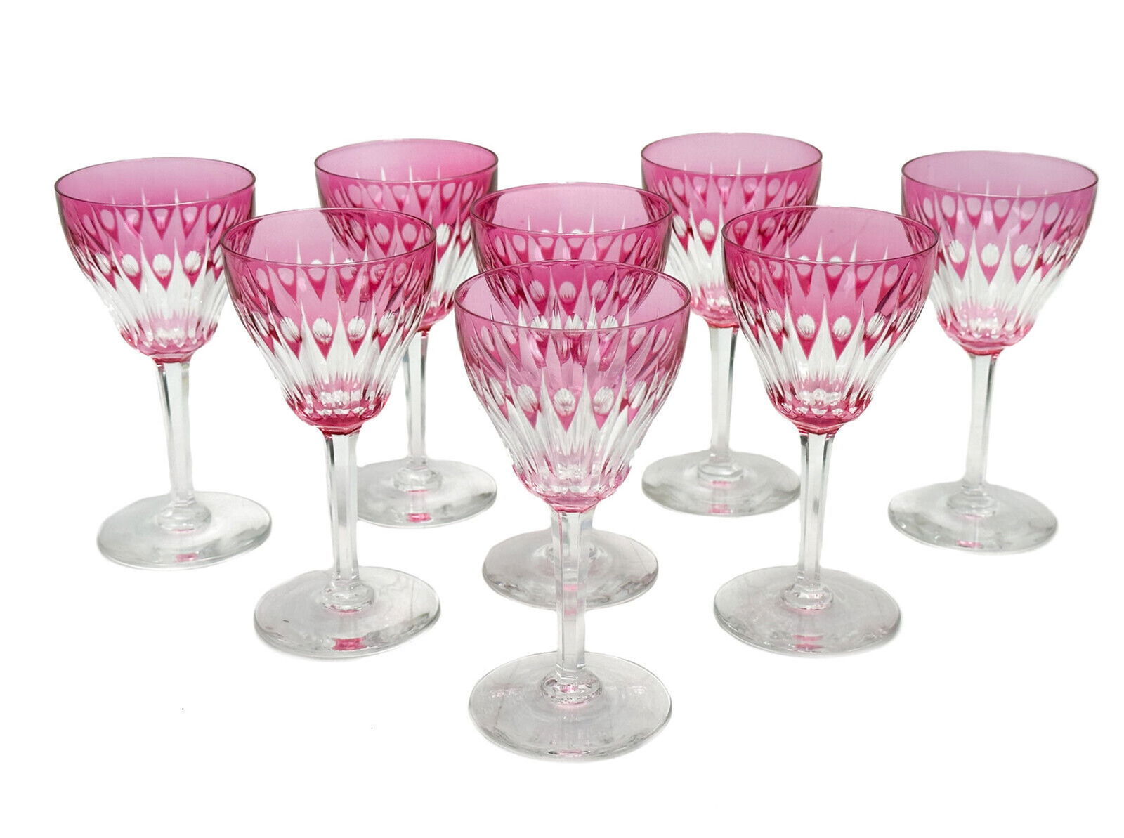 8 Val St. Lambert Cranberry Red to Clear 4 oz Wine Goblets in Zermatt: 8 Val St. Lambert Cranberry Red to Clear 4 oz Wine Goblets in Zermatt. Cranberry red with cut vertical stripes and thumbprints to bowl. Unmarked, but the work of Val Saint Lambert. Weight Approx., 6 l