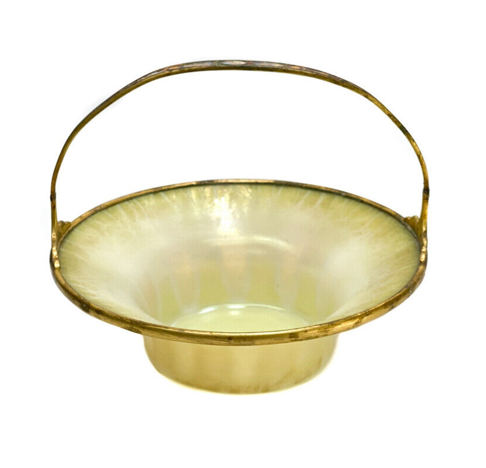 Tiffany Furnaces Favrile Basket: Tiffany Furnaces bronze mounted favrile basket with enameled handle. Gold and green favrile with opalescent geometric pattern and iridescent crackle finish. Marked Tiffany Furnaces Farile 508. Late 19