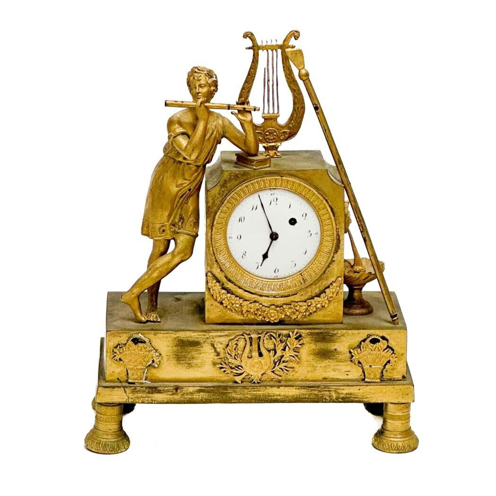 French Gilt Bronze Figural Mantel Clock Figure w/ Lyre mid 19th cen (1 of 5)