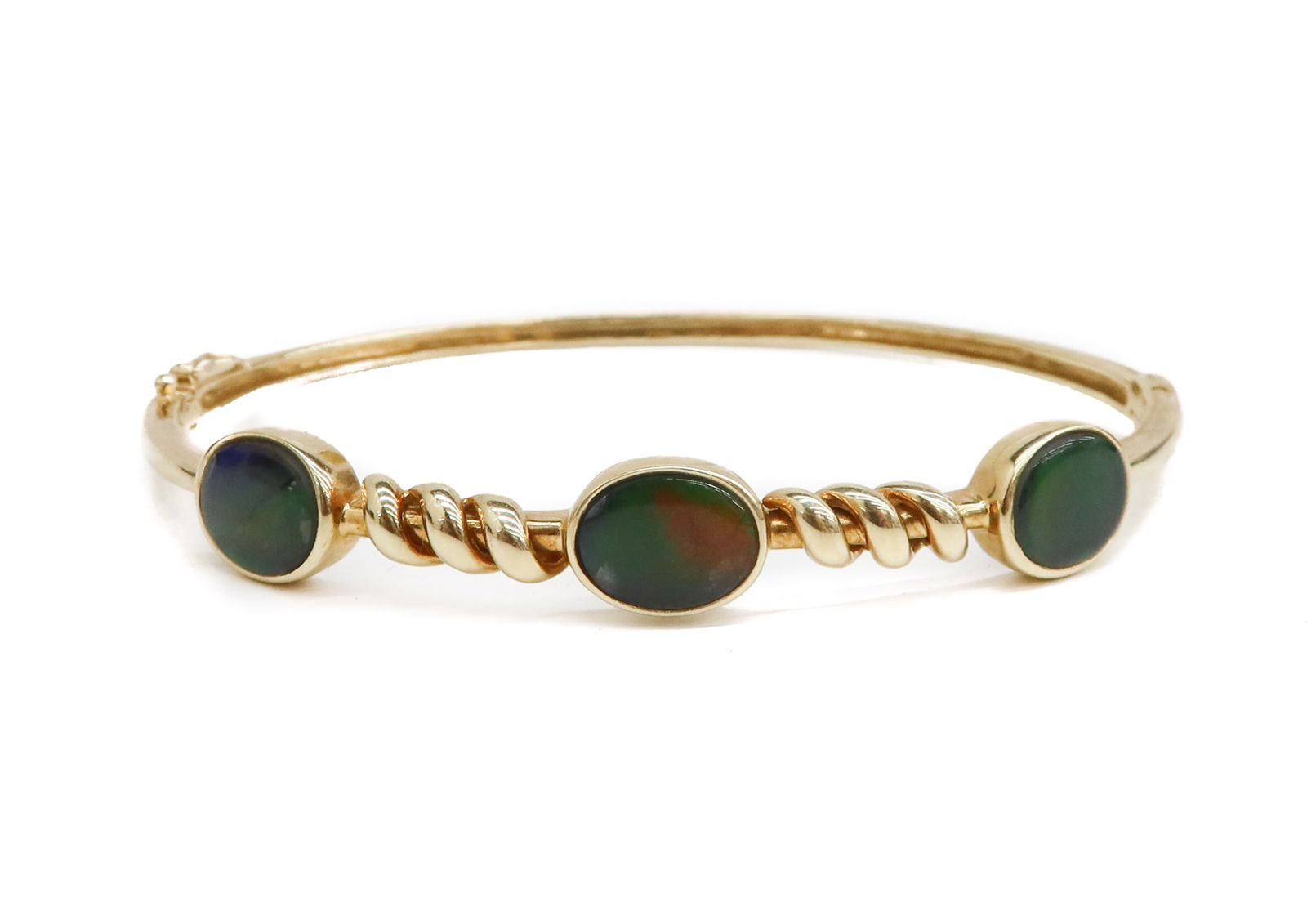 14k Yellow Gold Green and Red Opal Bangle Bracelet (1 of 9)