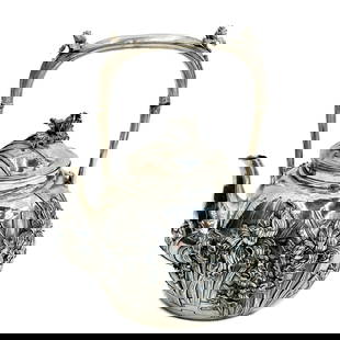 Japanese Sterling Silver Repousse Iris Teapot circa 1900: Japanese Sterling Silver Repousse Iris Teapot, circa 1900. Repousse irises to the body, floral finial. Handle with carved natural joints. Underside with Japanese maker's marks, marked ?? , sterling