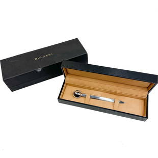 Bvlgari Italian Sterling Silver and Onyx Letter Opener: Bvlgari Sterling Silver & Onyx Letter Opener with Box. Sterling silver letter opener with a caged polished onyx sphere to the handle. Engraved Bvlgari, marked Italy 925 with Bvlgari silver hallmarks