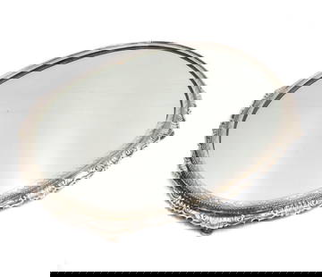 German 925 Sterling Silver Large 21 inch Mirrored Plateau, 1928: German 925 Sterling Silver Large Mirrored Plateau, circa 1928 Scalloped foliate scroll silver base. Engraved "Anna Reimers Richardson / Harold James Richardson 1908 Jan 1st 1928" to underside metal