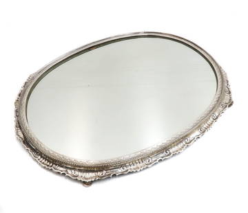 German 925 Sterling Silver Large 21 inch Mirrored Plateau, 1928: German 925 Sterling Silver Large Mirrored Plateau, circa 1928 Scalloped foliate scroll silver base. Engraved "Anna Reimers Richardson / Harold James Richardson 1908 Jan 1st 1928" to underside metal