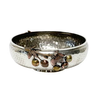 Gorham Sterling Silver Mixed Metal Bowl, 1881: Gorham Sterling Silver Mixed Metal Bowl. Sterling silver bowl with a hand hammered finish, applied copper & brass cherry branches and bird to the side. Underside with engraved dedication dated 1881,