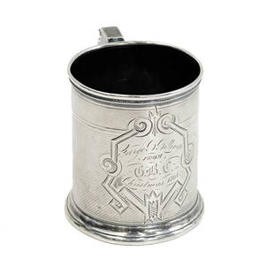 Gorham Coin Silver Handled Cup or Mug Engraved circa 1860: Gorham Coin Silver Cup or Mug, circa 1860. Engraved texture to the body, engraved dedication to the center dated Christmas 1864, framed by geometric decoration. Undersidewith Gorham silver marks,