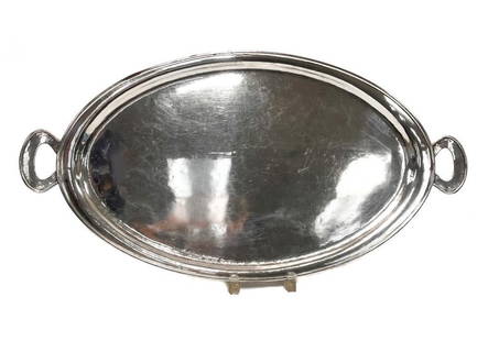 The Kalo Shops Sterling Silver Hand Wrought Handled Oval Serving Tray: The Kalo Shops sterling silver hand wrought handled oval serving tray #208, circa 1910. The Kalo Shops sterling silver mark to underside base as well as presentation inscription. Weight Approx., 66