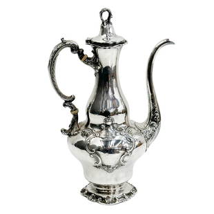 Gorham Sterling Silver Chocolate Coffee Pot 1899: Gorham Sterling Silver Chocolate Coffee Pot, 1899. Pit with raised foliate deocration, carved natural joints to the handle. Hinged lid, engraved monogram to the center of the body. Underisde with