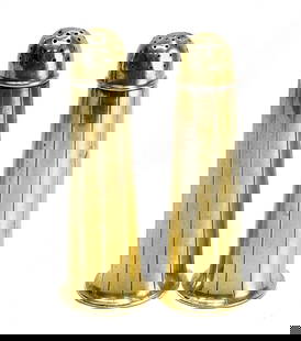 Pair Wallace Gilt Sterling Silver Salt & Pepper Casters #3404, circa 1900: Pair Wallace gilt sterling silver salt & pepper casters #3404, circa 1900. Wallace sterling mark to the underside base. Weight Approx., 5 ozt Measures Approx., 1.75 inches diameter x 5.5 inches