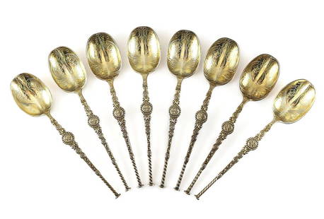 8pc. S. Greenberg & Co. Birmingham Sterling Silver Gilt Demitasse Spoons, 1936: 8pc. S. Greenberg & Co. Birmingham Sterling Silver Gold Wash Demitasse Spoons, 1936. Intricate hand chased & Raised circle & beaded design. Hallmarked for S. Greenberg & Co.. Weight 3.8tozt 