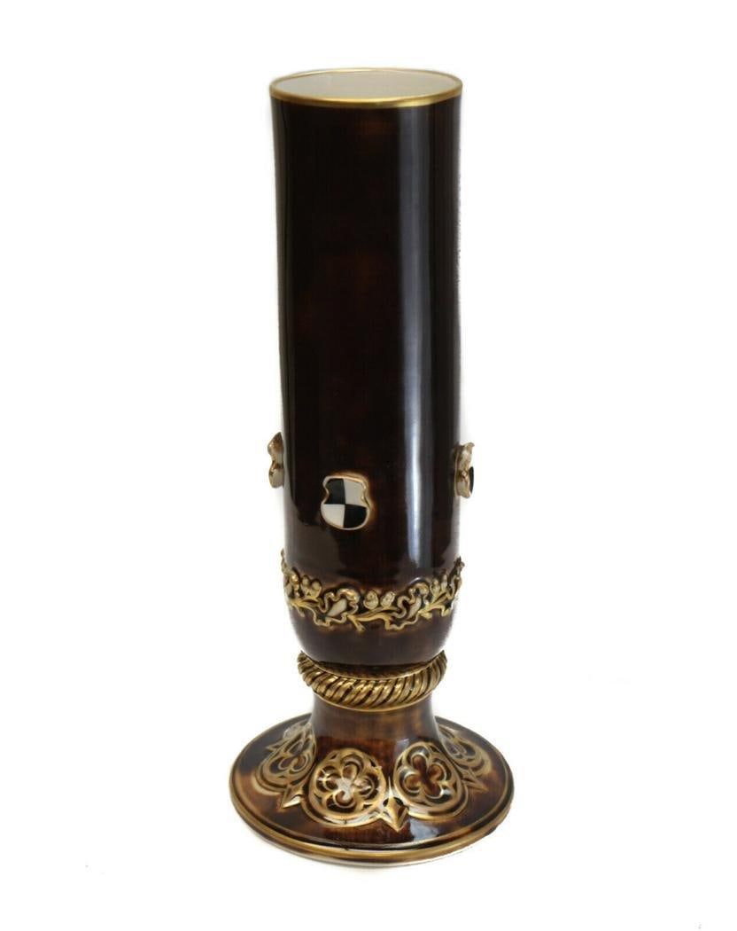 KPM Porcelain and Gilt Vase, Checkered Accents: KPM hand painted porcelain vase, circa 1850. Brown ground to the vase that mimics tortoise shell. Gilt leaf accents around the rim of the base and applied checkers towards the bottom. KPM mark to the