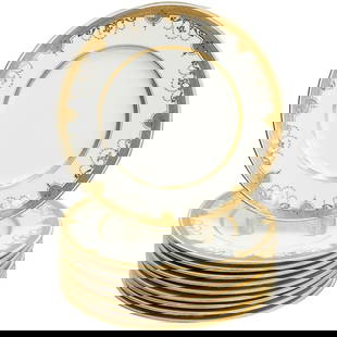 10 Minton England for Tiffany & Co. Gilt Porcelain Dinner Plates circa 1930: 10 Minton England for Tiffany & Co. Gilt Porcelain Dinner Plates. Cream colored ground with ornate gilt decoration with fleur de lis. Underside marked Minton England Tiffany & Co. retailer's marks, im