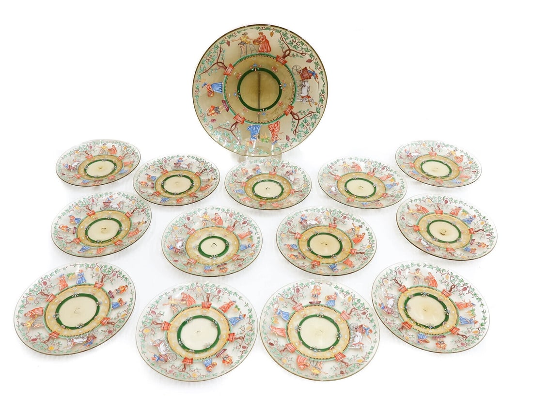 Salviati Hand Painted Enamel Glass Hand Blown Dessert Set for 13, circa 1940 Genre Scenes (1 of 6)