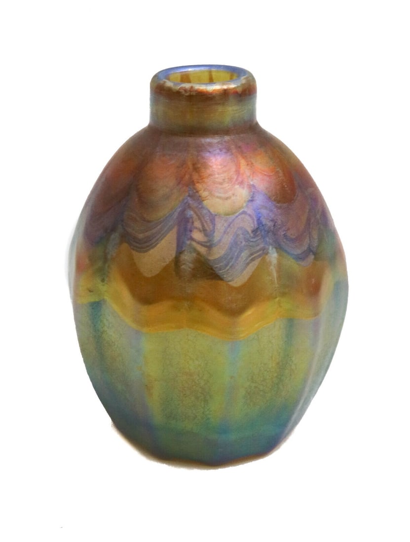 LCT Tiffany Favrile Iridescent Gold Pink and Green Glass Miniature Vase, c 1900 (1 of 8)