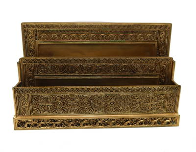 Tiffany Studios Gilt Bronze Letter Rack in Venetian #1644: Tiffany Studios Gilt Bronze Letter Rack in Venetian #1644. An Italian Renaissance design with hand chased figural tailed animals to the ends. Inscribed, "James N. Wallace President /. Vir Laberalis AC