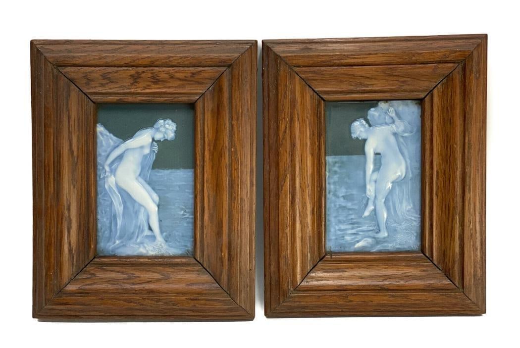 Pair Limoges Pate-Sur-Pate France Porcelain Plaques: Pair Limoges France Pate-Sur-Pate Porcelain Plaques. The plaques depict bathing nude beauties. Marked Limoges to one lower corner and artist signed, "HB" to the other corner. In matching wooden frames