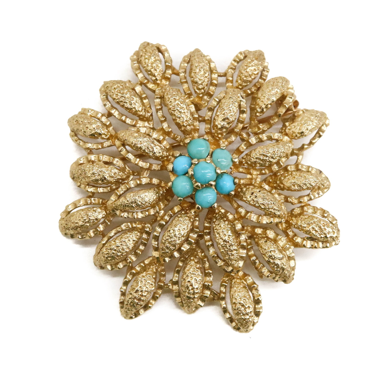 14k Yellow Gold Turquoise Flower Brooch: 14k Yellow Gold Turquoise Flower Brooch. The central area with various turqoise jewels to the center. Marked 14k to backing. Weight Approx., 10.85 grams Measures Approx., 1.5 inches diameter Domestic 