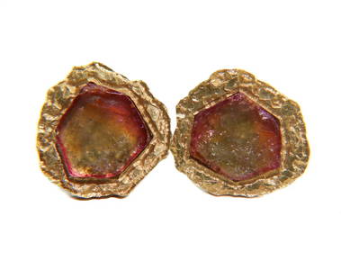 Deakin & Francis 18k Yellow Gold Watermelon Tourmaline Cufflinks, 1970: Deakin & Francis 18k Yellow Gold Watermelon Tourmaline Cufflinks, 1970. Deakin & Francis 18k yellow gold marks to backing and dating to 1970. Weight Approx., 23.62 grams Measures Approx., 1.25 inches