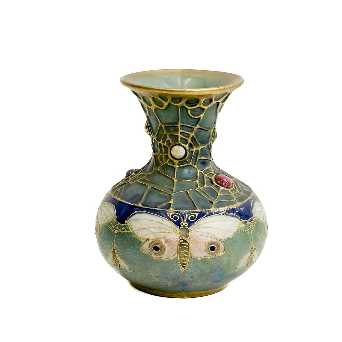 Amphora Austria RSTK Pottery Vase Jeweled Spiderwebs Gres Bijou c. 1900 (1 of 8)