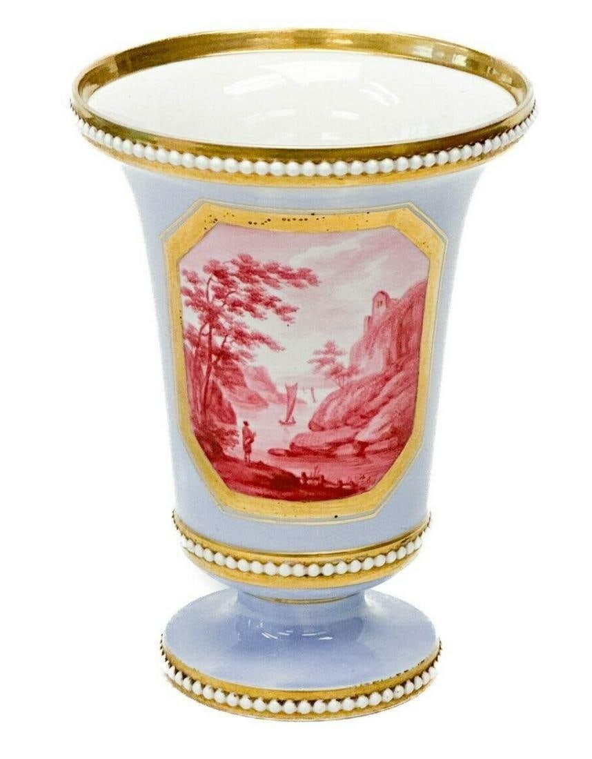 Spode England Hand Painted Porcelain Vase Magenta Landscape Scene c. 1830: Spode England hand painted porcelain vase, circa 1830. A periwinkle blue ground with panels of magenta colored scenes to the front of each. Gilt accents to the rim, white beaded bands. Underside marke