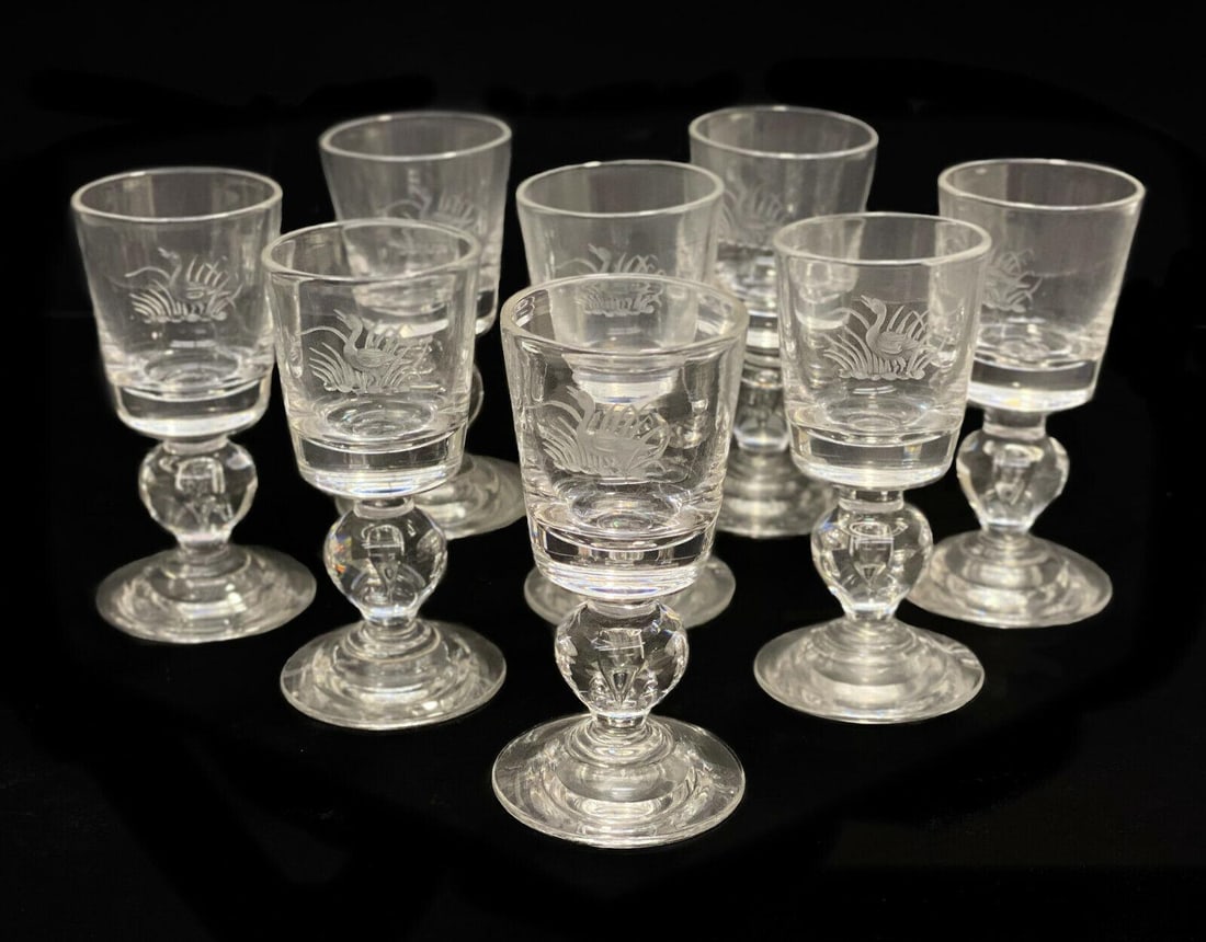 8 Steuben Cut Glass Teardrop Cordial Wine Goblets, #7926. Original Box: 8 Steuben cut glass teardrop cordial wine goblets, #7926. Custom goose engravings to the central area of the goblets. Marked Steuben to the underside rim. With original box and every goblet has its ow