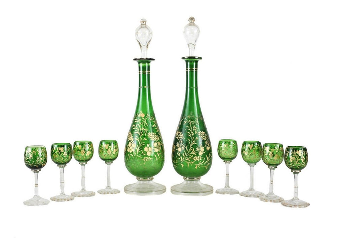 Bohemian Green Art Glass Decanter Cordial Glasses (1 of 3)